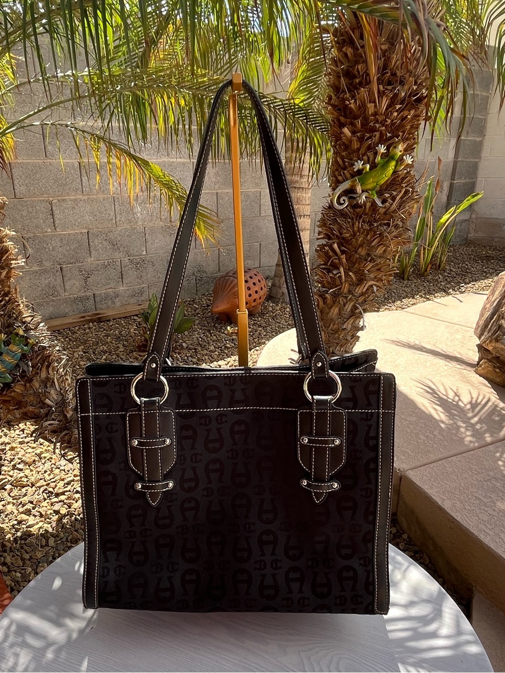 Etienne Aigner Y2K Black Monogram Canvas Tote with Contrast Stitching